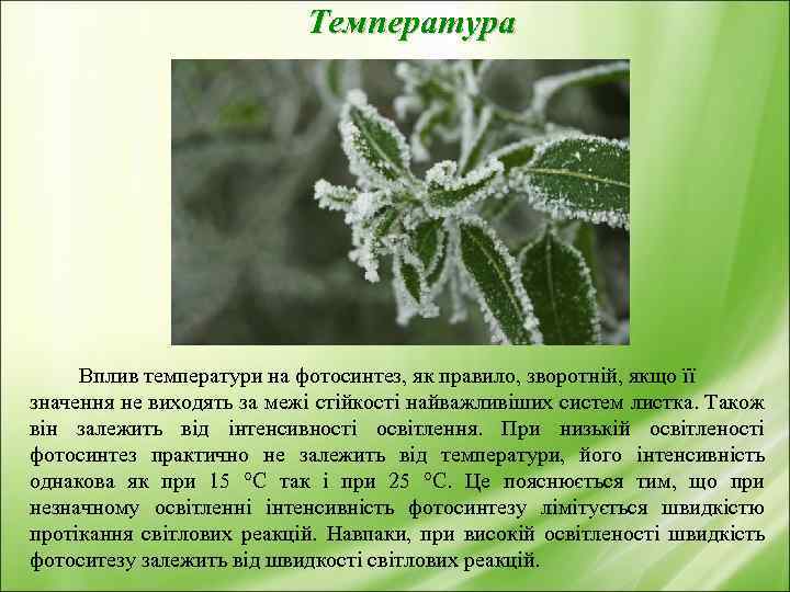 Температура Вплив температури на фотосинтез, як правило, зворотній, якщо її значення не виходять за