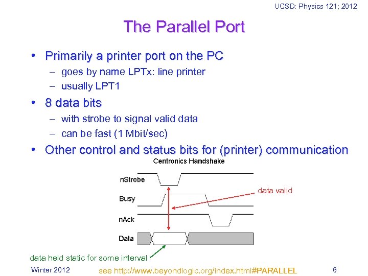 UCSD: Physics 121; 2012 The Parallel Port • Primarily a printer port on the