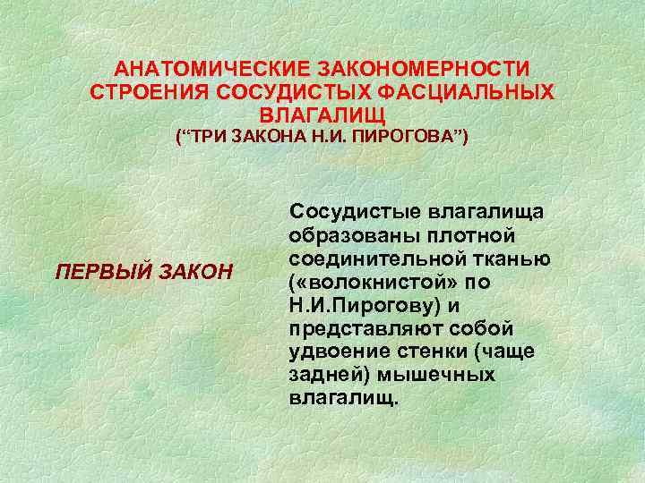 АНАТОМИЧЕСКИЕ ЗАКОНОМЕРНОСТИ СТРОЕНИЯ СОСУДИСТЫХ ФАСЦИАЛЬНЫХ ВЛАГАЛИЩ (“ТРИ ЗАКОНА Н. И. ПИРОГОВА”) ПЕРВЫЙ ЗАКОН Сосудистые