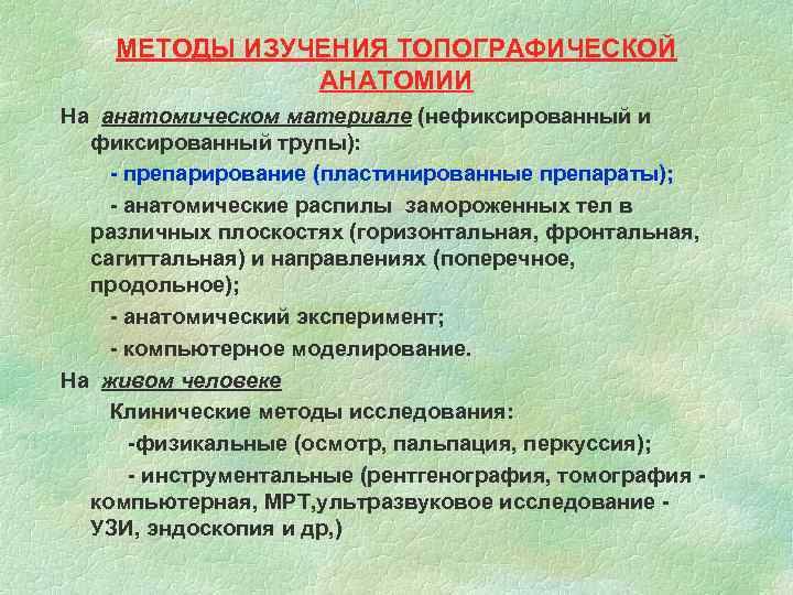 МЕТОДЫ ИЗУЧЕНИЯ ТОПОГРАФИЧЕСКОЙ АНАТОМИИ На анатомическом материале (нефиксированный и фиксированный трупы): - препарирование (пластинированные