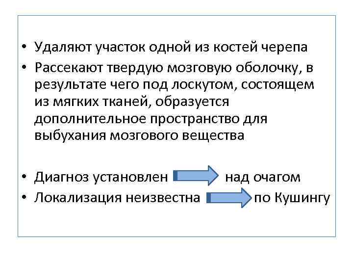  • Удаляют участок одной из костей черепа • Рассекают твердую мозговую оболочку, в