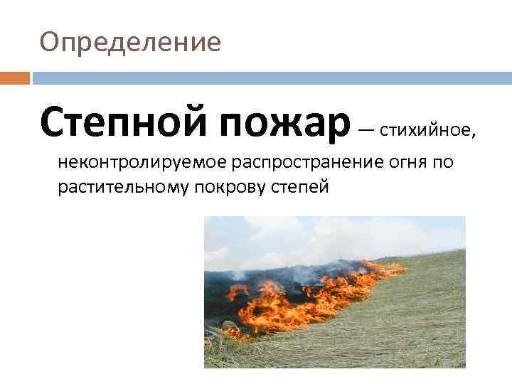 Определение Степной пожар — стихийное, неконтролируемое распространение огня по растительному покрову степей 