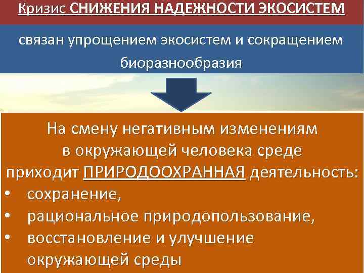 Кризис СНИЖЕНИЯ НАДЕЖНОСТИ ЭКОСИСТЕМ связан упрощением экосистем и сокращением биоразнообразия На смену негативным изменениям