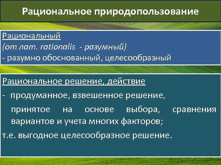 Рациональное природопользование Рациональный (от лат. rationalis - разумный) - разумно обоснованный, целесообразный Рациональное решение,