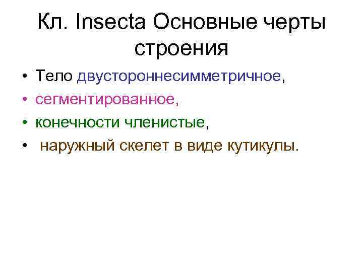 Кл. Insecta Основные черты строения • • Тело двустороннесимметричное, сегментированное, конечности членистые, наружный скелет