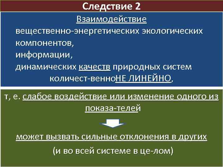 Следствие 2 Взаимодействие вещественно энергетических экологических компонентов, информации, динамических качеств природных систем количест венно.