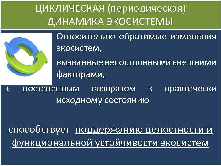 ЦИКЛИЧЕСКАЯ (периодическая) ДИНАМИКА ЭКОСИСТЕМЫ с Относительно обратимые изменения экосистем, вызванные непостоянными внешними факторами, постепенным