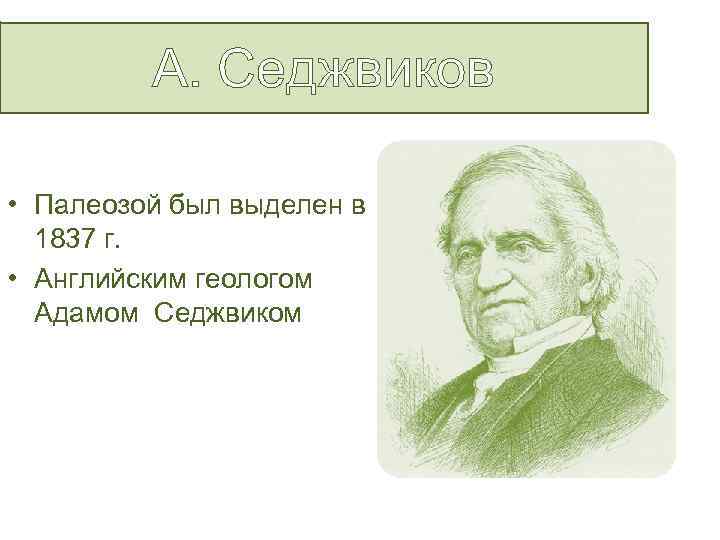 А. Седжвиков • Палеозой был выделен в 1837 г. • Английским геологом Адамом Седжвиком