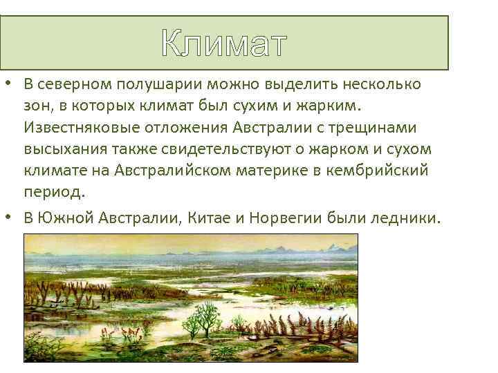 Климат • В северном полушарии можно выделить несколько зон, в которых климат был сухим