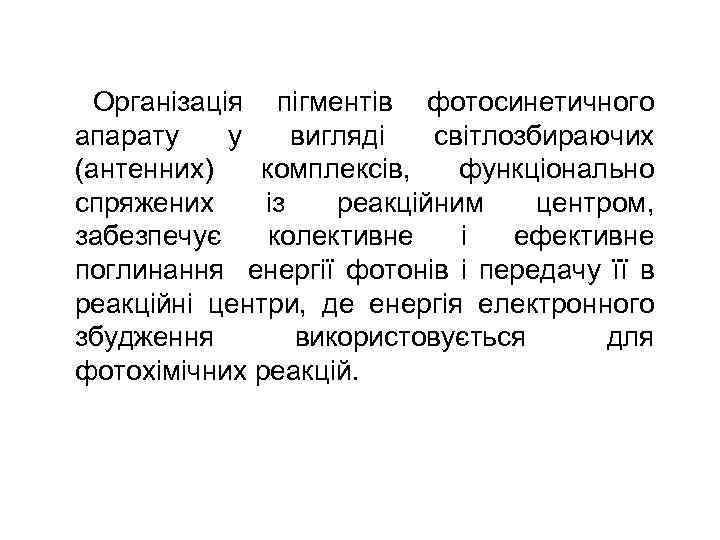 Організація пігментів фотосинетичного апарату у вигляді світлозбираючих (антенних) комплексів, функціонально спряжених із реакційним центром,