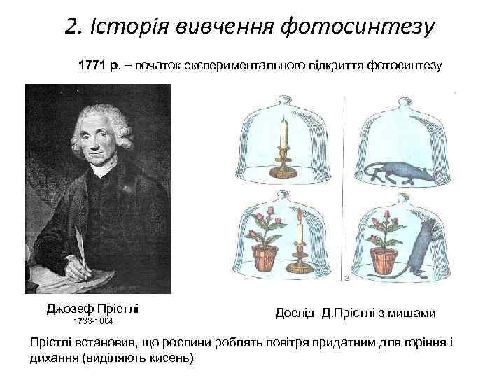 2. Історія вивчення фотосинтезу 1771 р. – початок експериментального відкриття фотосинтезу Джозеф Прістлі 1733