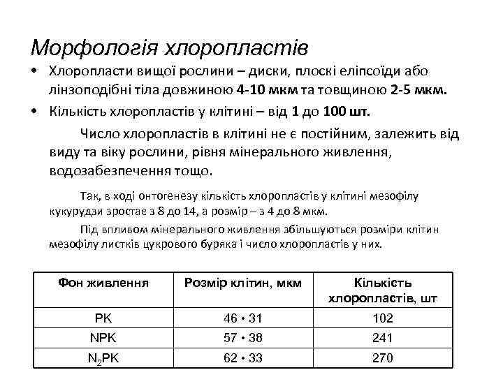 Морфологія хлоропластів • Хлоропласти вищої рослини – диски, плоскі еліпсоїди або лінзоподібні тіла довжиною