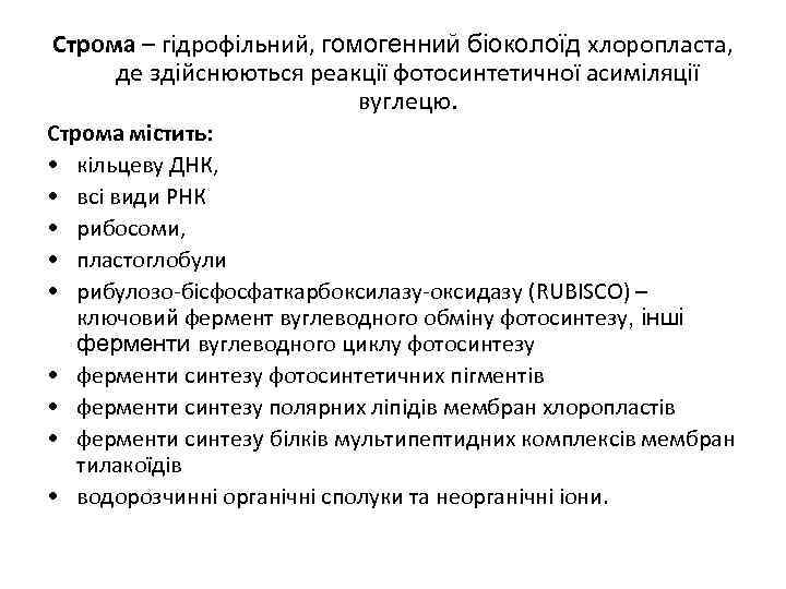 Строма – гідрофільний, гомогенний біоколоїд хлоропласта, де здійснюються реакції фотосинтетичної асиміляції вуглецю. Строма містить: