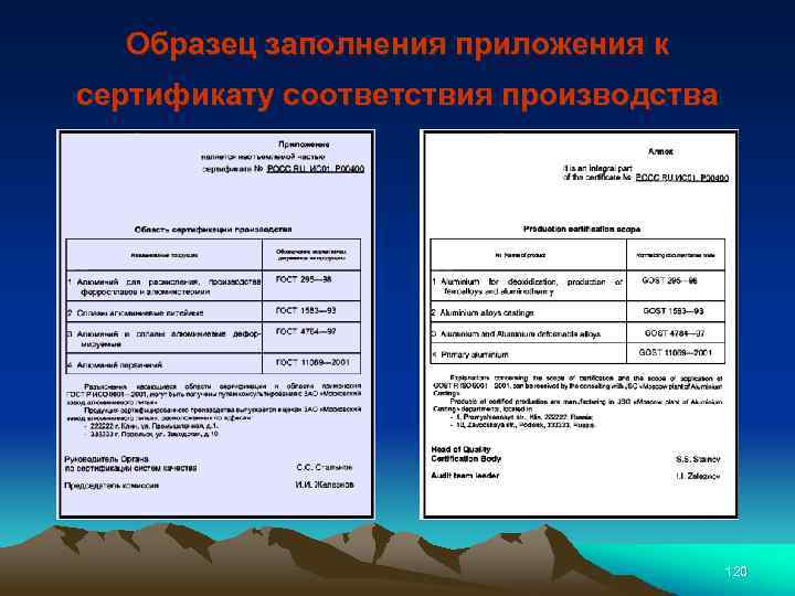 Образец заполнения приложения к сертификату соответствия производства 120 