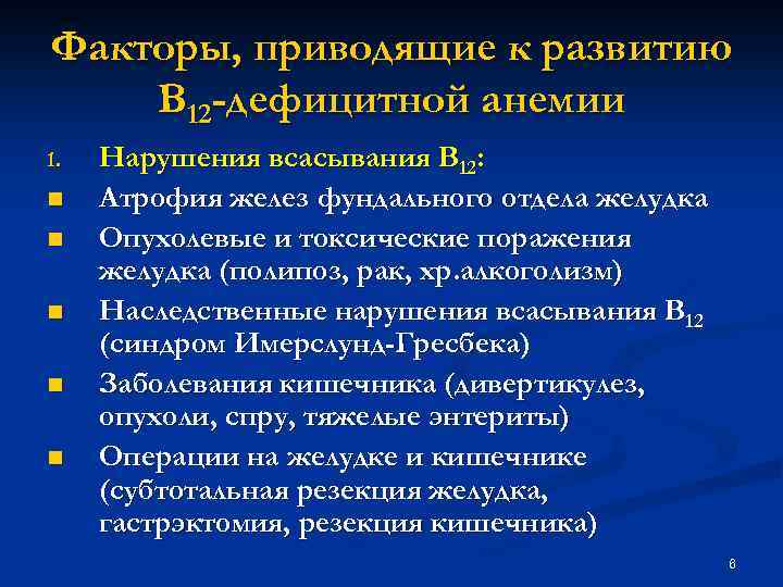 Факторы, приводящие к развитию В 12 -дефицитной анемии 1. n n n Нарушения всасывания