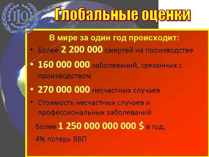 В мире за один год происходит: • Более 2 200 000 смертей на производстве