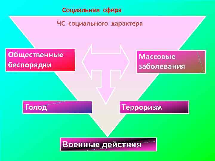 Социальная сфера ЧС социального характера Общественные беспорядки Голод Массовые заболевания Терроризм Военные действия 
