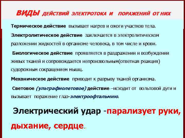 ВИДЫ ДЕЙСТВИЙ ЭЛЕКТРОТОКА И ПОРАЖЕНИЙ ОТ НИХ Термическое действие вызывает нагрев и ожоги участков