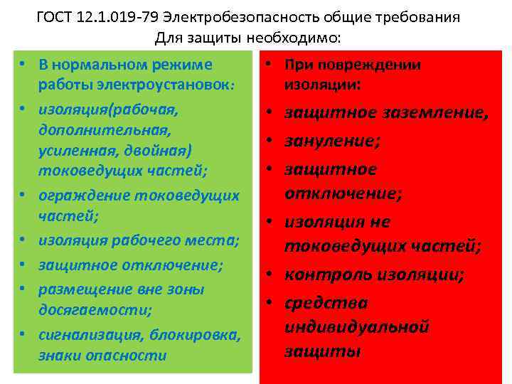 ГОСТ 12. 1. 019 -79 Электробезопасность общие требования Для защиты необходимо: • В нормальном