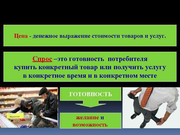 Цена - денежное выражение стоимости товаров и услуг. Спрос –это готовность потребителя купить конкретный