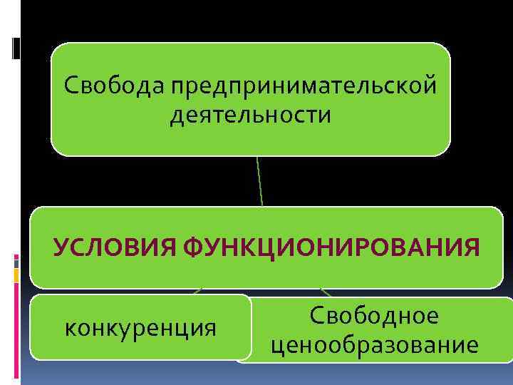 Свобода предпринимательской деятельности УСЛОВИЯ ФУНКЦИОНИРОВАНИЯ конкуренция Свободное ценообразование 