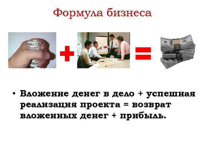 Формула бизнеса • Вложение денег в дело + успешная реализация проекта = возврат вложенных