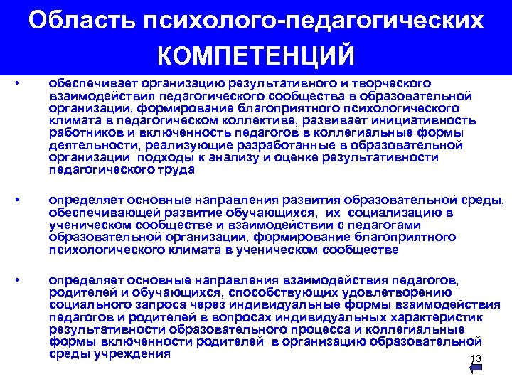 Область психолого-педагогических КОМПЕТЕНЦИЙ • обеспечивает организацию результативного и творческого взаимодействия педагогического сообщества в образовательной
