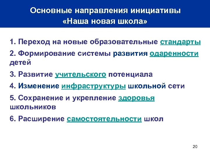 Основные направления инициативы «Наша новая школа» 1. Переход на новые образовательные стандарты 2. Формирование