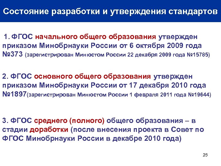 Состояние разработки и утверждения стандартов 1. ФГОС начального общего образования утвержден приказом Минобрнауки России