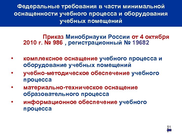 Федеральные требования в части минимальной оснащенности учебного процесса и оборудования учебных помещений Приказ Минобрнауки