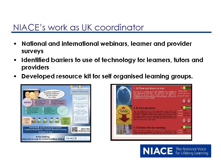 NIACE’s work as UK coordinator • National and international webinars, learner and provider surveys