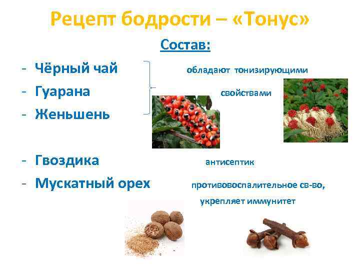 Рецепт бодрости – «Тонус» Состав: - Чёрный чай обладают тонизирующими - Гуарана свойствами -