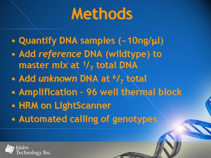 Methods • Quantify DNA samples (~10 ng/ l) • Add reference DNA (wildtype) to