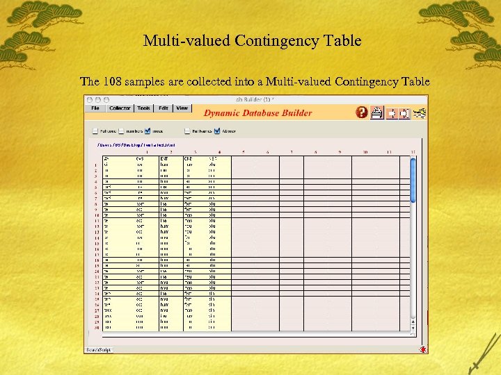 Multi-valued Contingency Table The 108 samples are collected into a Multi-valued Contingency Table 