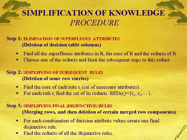 SIMPLIFICATION OF KNOWLEDGE PROCEDURE Step 1: ELIMINATION OF SUPERFLUOUS ATTRIBUTES (Deletion of decision table