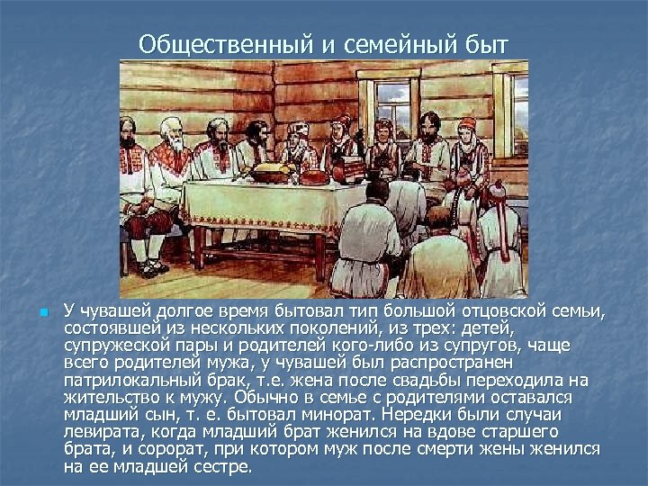 Общественный и семейный быт n У чувашей долгое время бытовал тип большой отцовской семьи,