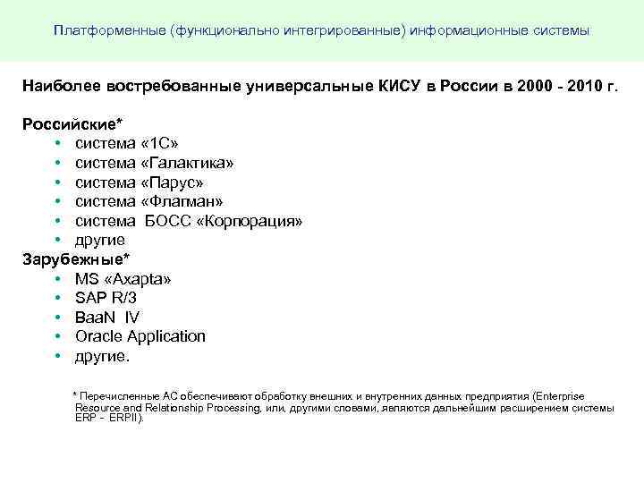 Платформенные (функционально интегрированные) информационные системы Наиболее востребованные универсальные КИСУ в России в 2000 -