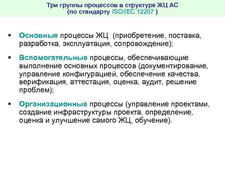 Три группы процессов в структуре ЖЦ АС (по стандарту ISO/IEC 12207 ) § Основные