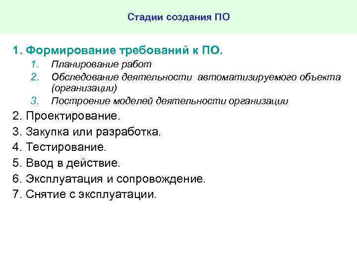 Стадии создания ПО 1. Формирование требований к ПО. 1. 2. 3. Планирование работ Обследование