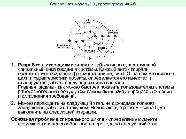 Спиральная модель ЖЦ проектирования АС 1. Разработка итерациями отражает объективно существующий спиральный цикл создания