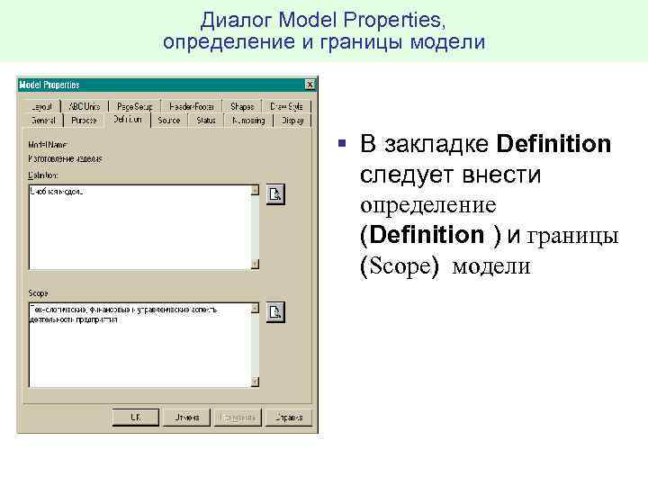 Диалог Model Properties, определение и границы модели § В закладке Definition следует внести определение