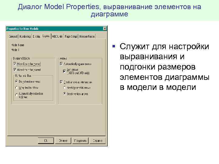 Диалог Model Properties, выравнивание элементов на диаграмме § Служит для настройки выравнивания и подгонки