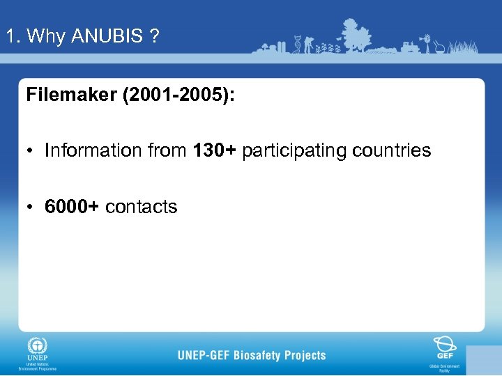 1. Why ANUBIS ? Filemaker (2001 -2005): • Information from 130+ participating countries •