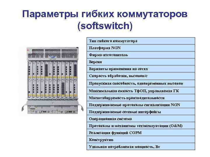 Параметры гибких коммутаторов (softswitch) Тип гибкого коммутатора Платформа NGN Фирма-изготовитель Версия Варианты применения на