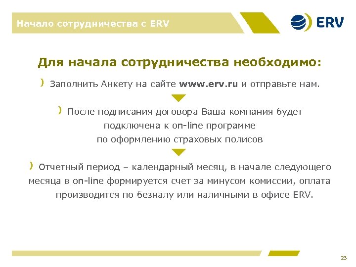 Начало сотрудничества с ERV Для начала сотрудничества необходимо: Заполнить Анкету на сайте www. erv.