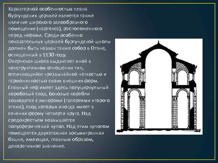 Характерной особенностью плана бургундских церквей является также наличие широкого залообразного помещения (нартекса), расположенного перед