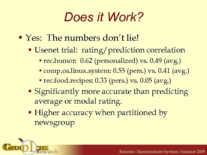 Does it Work? • Yes: The numbers don’t lie! § Usenet trial: rating/prediction correlation