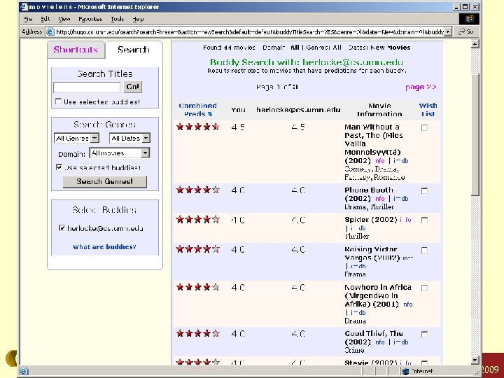 ML-buddies Konstan: Recommender Systems, Summer 2009 