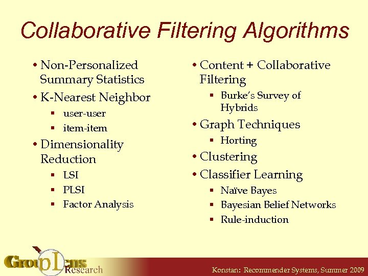 Collaborative Filtering Algorithms • Non-Personalized Summary Statistics • K-Nearest Neighbor § user-user § item-item