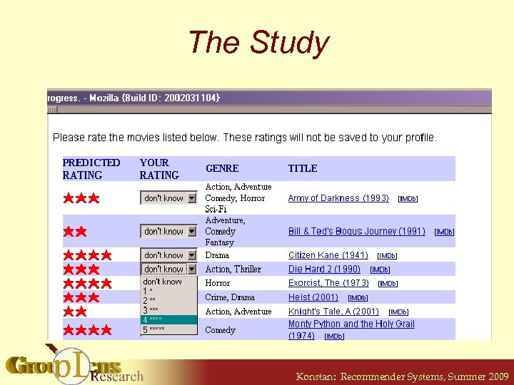 The Study Konstan: Recommender Systems, Summer 2009 